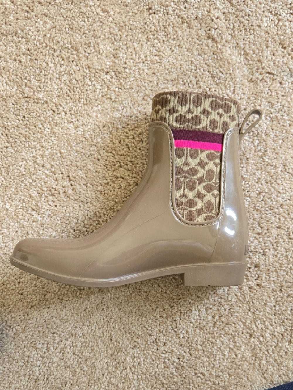 Coach Taupe Glossy Rain Ankle Boots with Pink Stripe - Picture 3 of 6